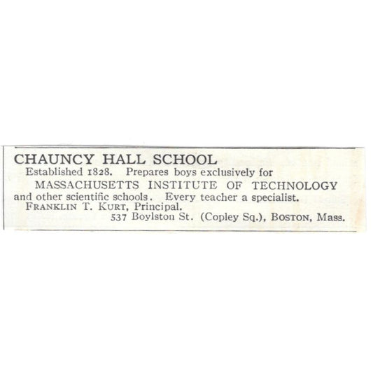 Chauncy Hall School Franklin T. Kurt Fairhaven MA c1918 Advertisement AE5-SA6