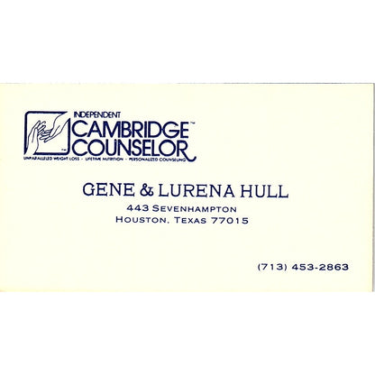 Cambridge Counselor Gene & Lurena Hull Houston TX Vintage Business Card SB4-B8