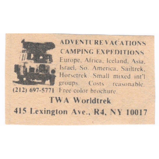 TWA Worldtrek Adventurecations Camping Lexington Ave NY - 1/2x2 1974 Ad AF6-S5