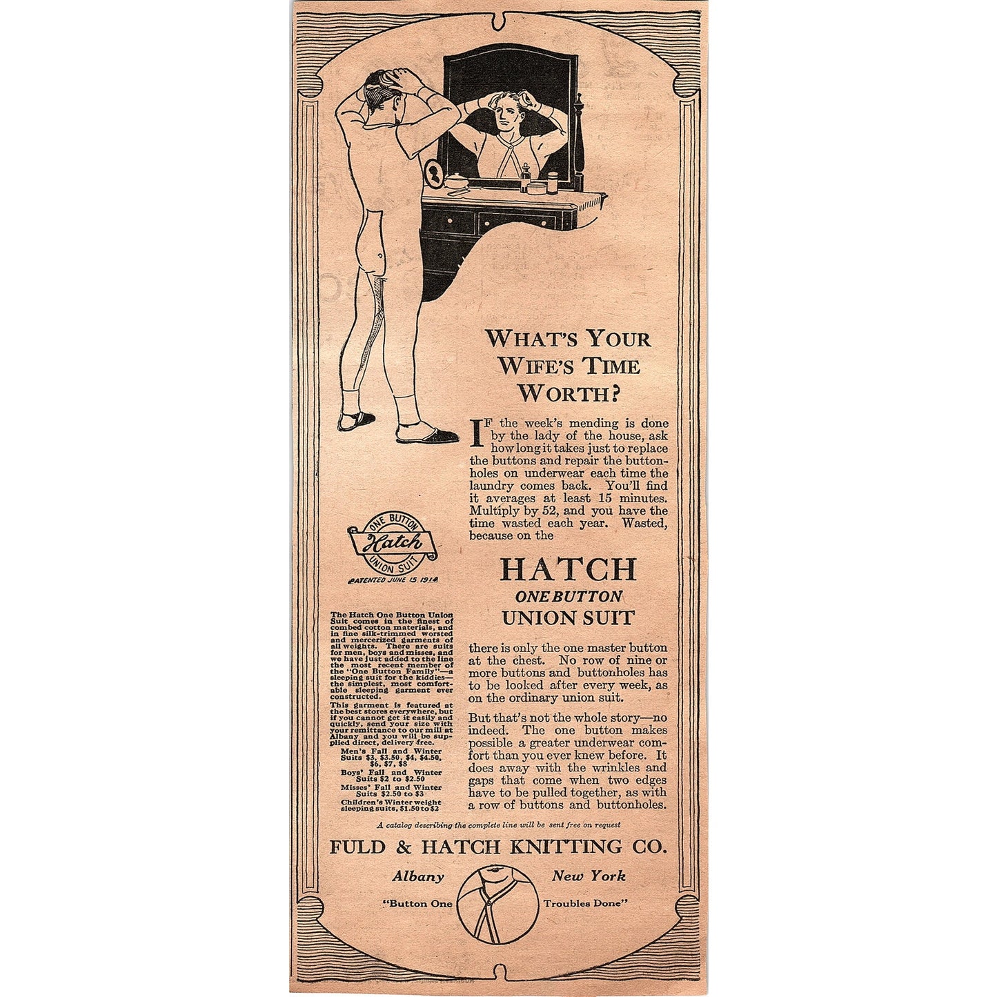 Hatch One-Button Union Suit - Fuld & Hatch Knitting Co Albany NY 1920 Ad AG2-6