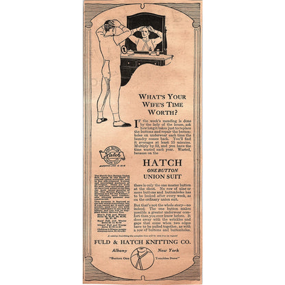 Hatch One-Button Union Suit - Fuld & Hatch Knitting Co Albany NY 1920 Ad AG2-6