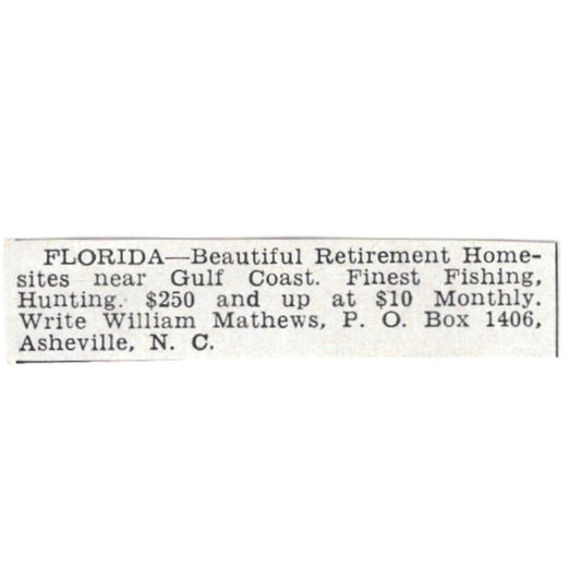 Florida Retirement Home Sites - William Matthews, Asheville NC 1955 Ad AG1-S9