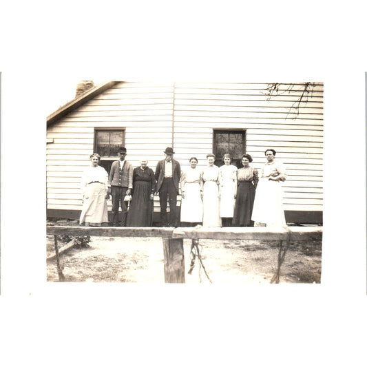 Men & Women Outside Farmhouse Group Photo Antique RPPC Postcard PE7