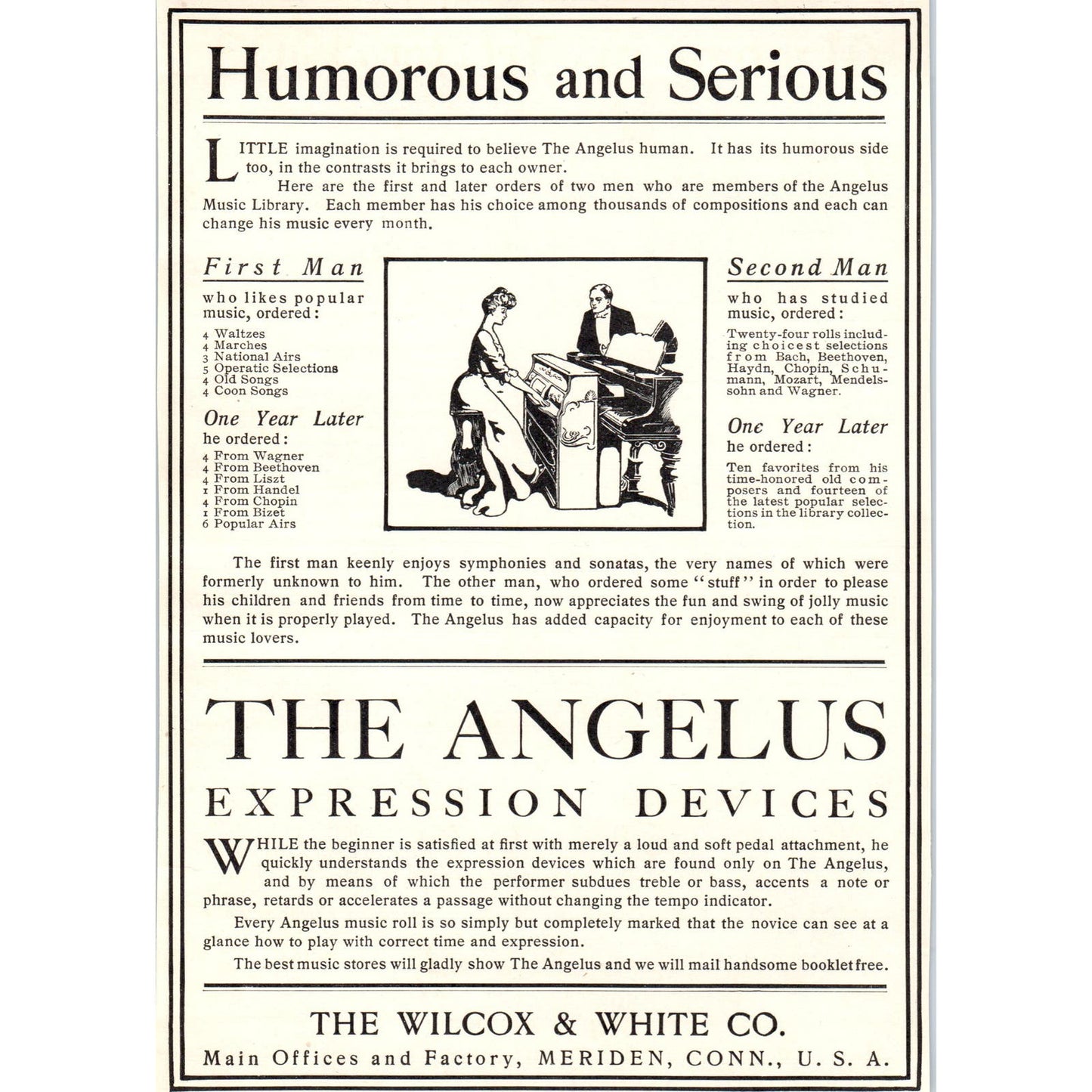 The Angelus Piano Wilcox & White Co Meriden CT c1905 Victorian Ad D13