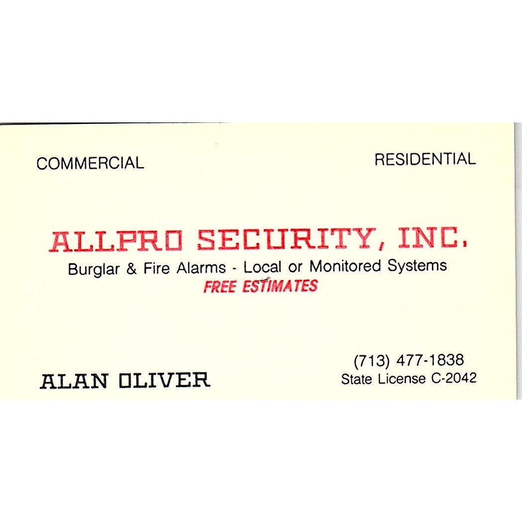 Allpro Security Alan Oliver Burlar & Fire Alarms Vintage Business Card SB4-B3