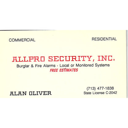 Allpro Security Alan Oliver Burlar & Fire Alarms Vintage Business Card SB4-B3