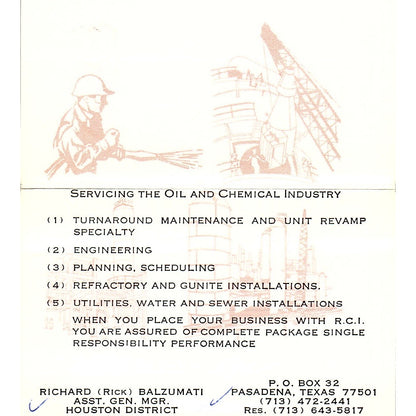 Richard Balzumati Refractory Construction Inc Pasadena TX Business Card SD9-B3