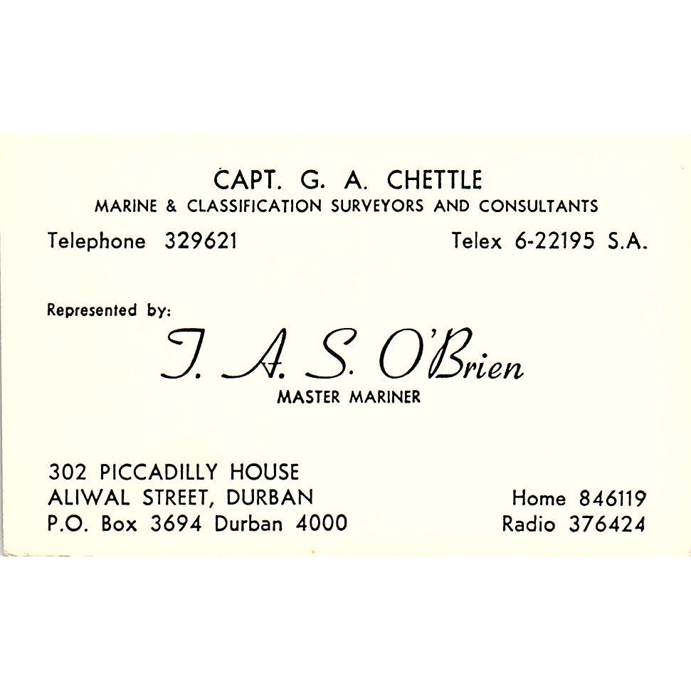 Capt. G. A. Chettle Surveyors Consultants J.A.S. O'Brien Durban Card SSB4-B13