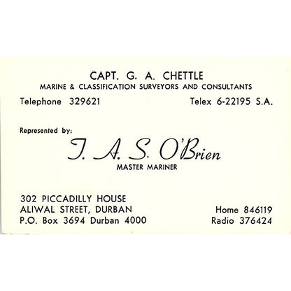Capt. G. A. Chettle Surveyors Consultants J.A.S. O'Brien Durban Card SSB4-B13
