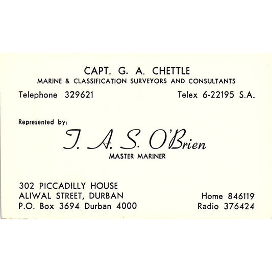 Capt. G. A. Chettle Surveyors Consultants J.A.S. O'Brien Durban Card SSB4-B13