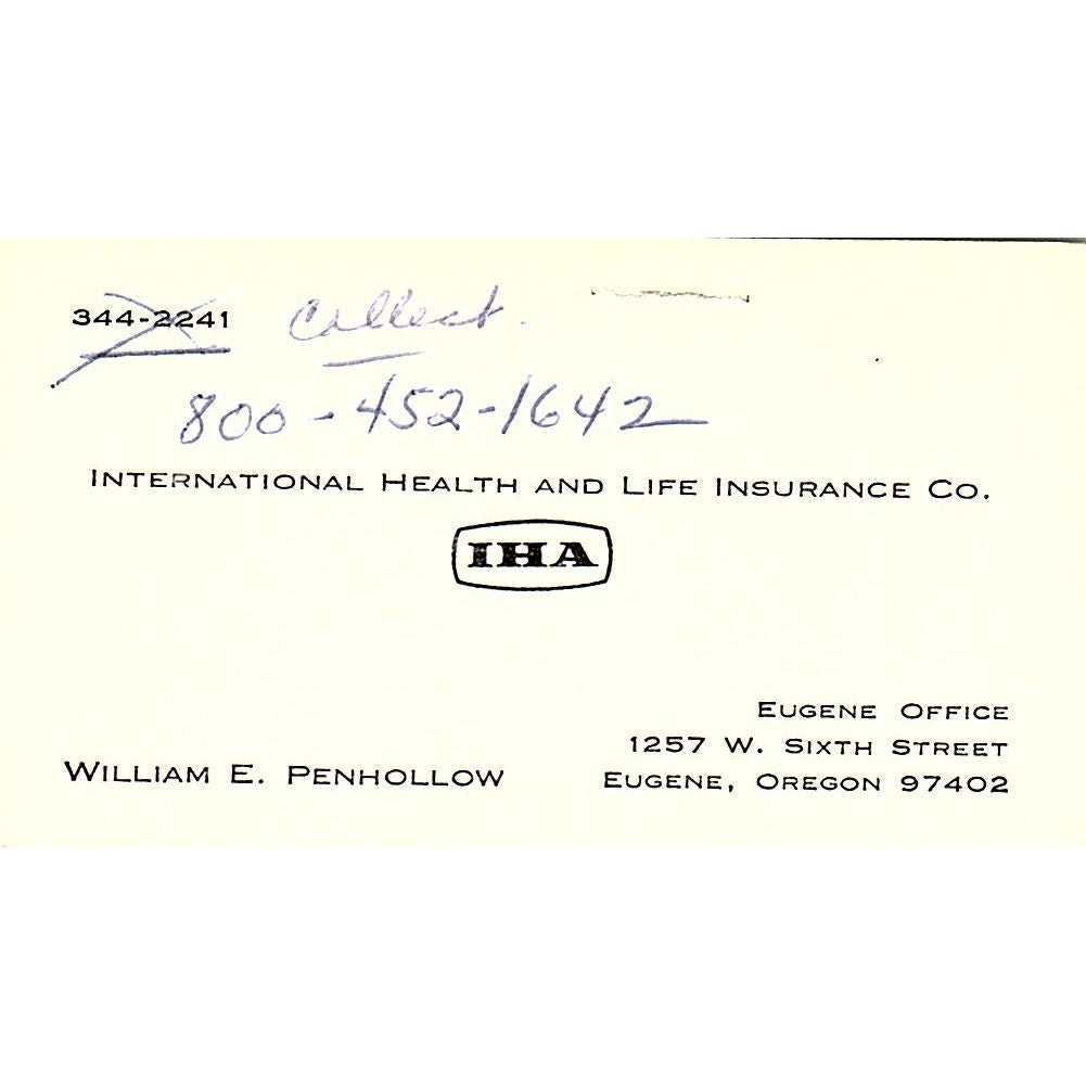 William E Penhollow International Health & Life Eugene OR Business Card SD9-B8