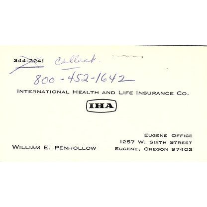 William E Penhollow International Health & Life Eugene OR Business Card SD9-B8