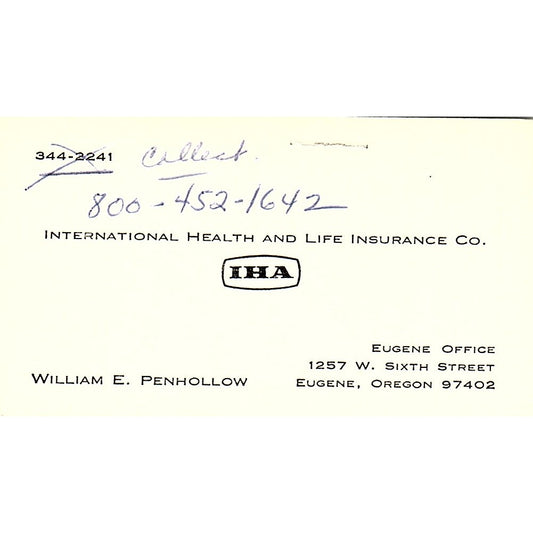William E Penhollow International Health & Life Eugene OR Business Card SD9-B8