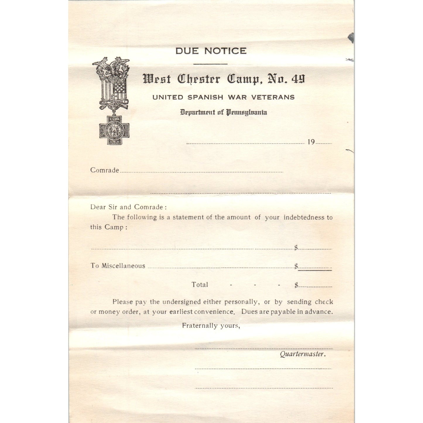 Antique United Spanish War Veterans West Chester Camp 49 Blank Due Notice AB6OD1