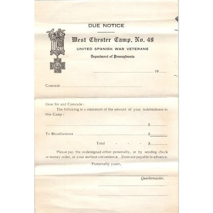 Antique United Spanish War Veterans West Chester Camp 49 Blank Due Notice AB6OD1