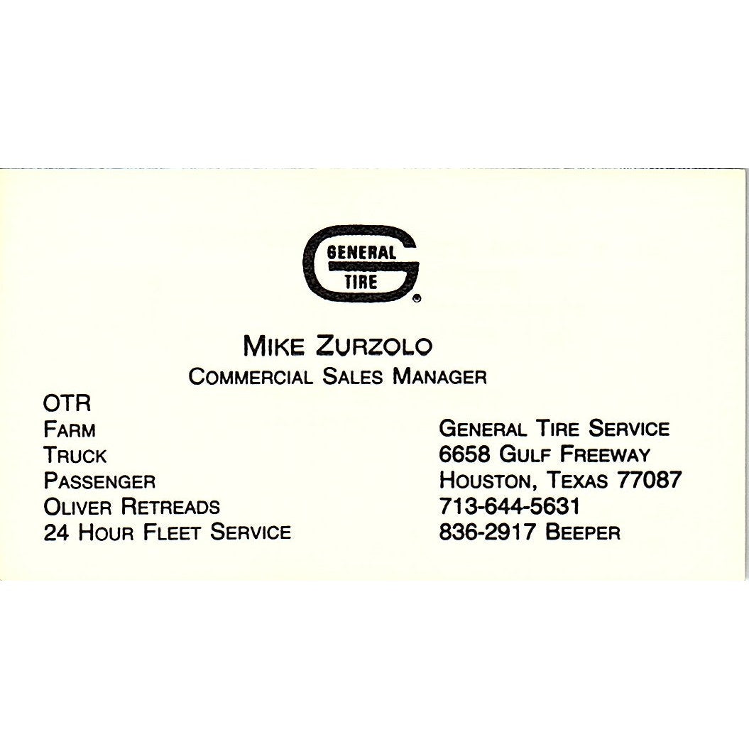 Mike Zurzolo General Tire Houston Vintage Business Card SD9-B13