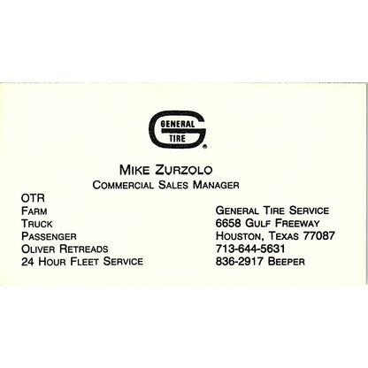Mike Zurzolo General Tire Houston Vintage Business Card SD9-B13