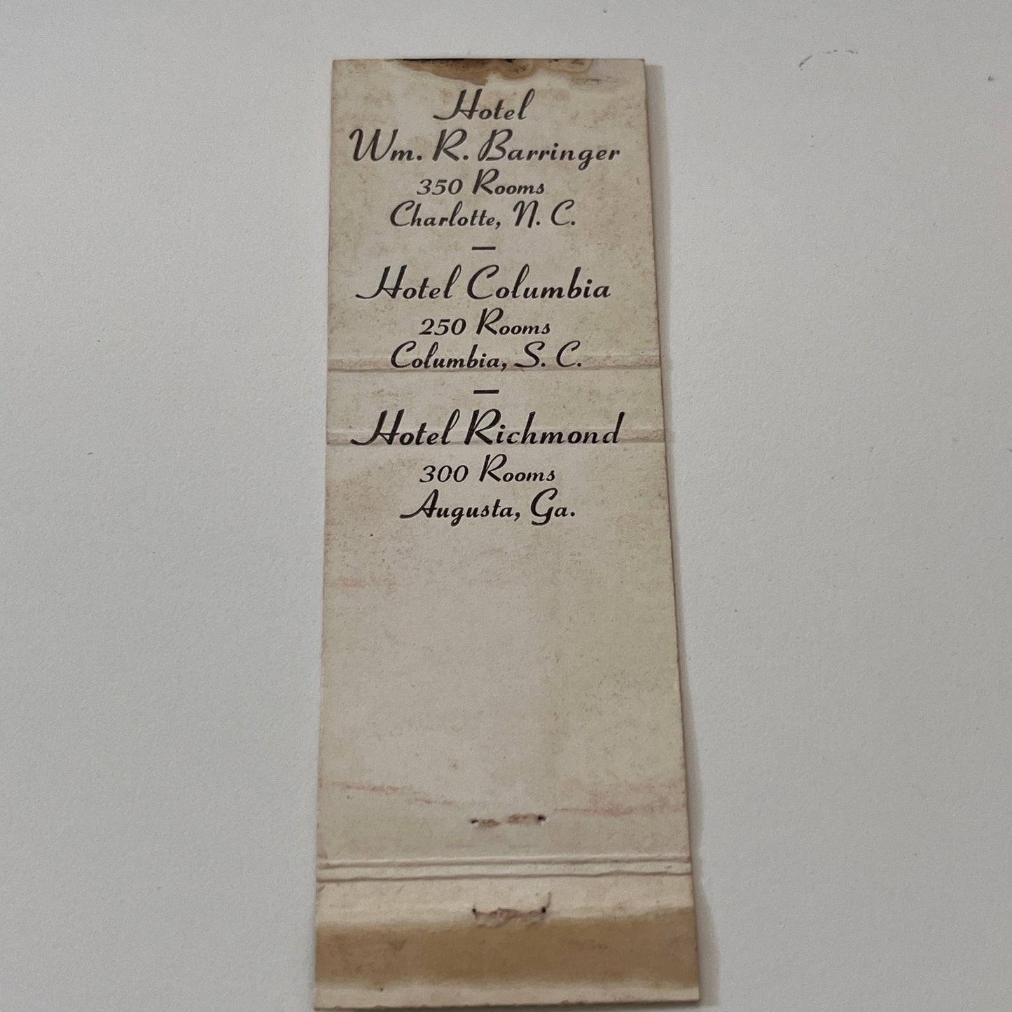 Wm. R. Barringer Hotels Charlotte NC Vintage Matchbook Cover TB6-MB2-1