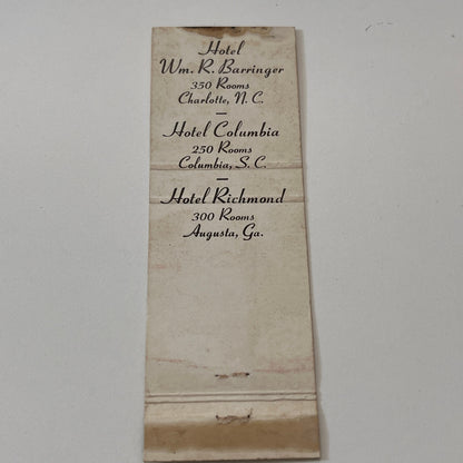 Wm. R. Barringer Hotels Charlotte NC Vintage Matchbook Cover TB6-MB2-1