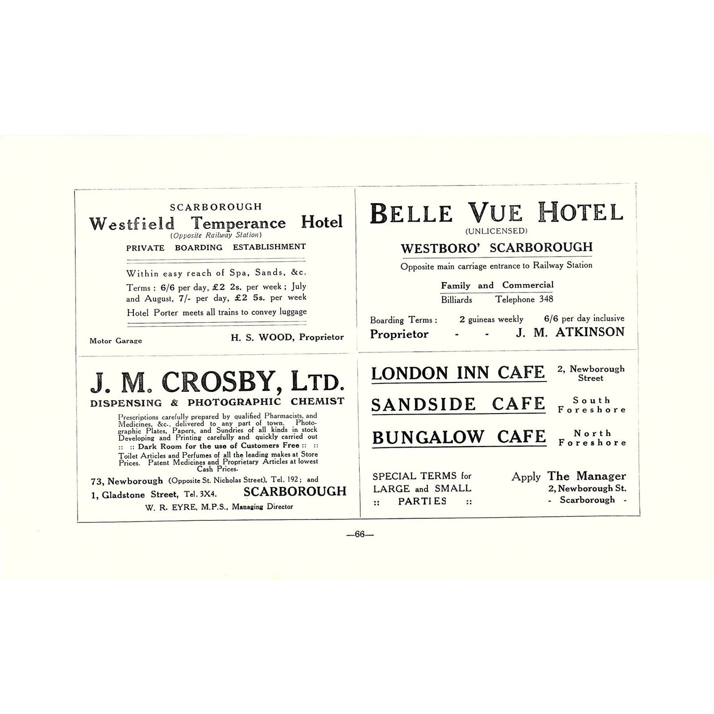 Hotel Astoria Esplanade, Westfield Temperance Hotel Scarborough c1910 Ad AF3-9