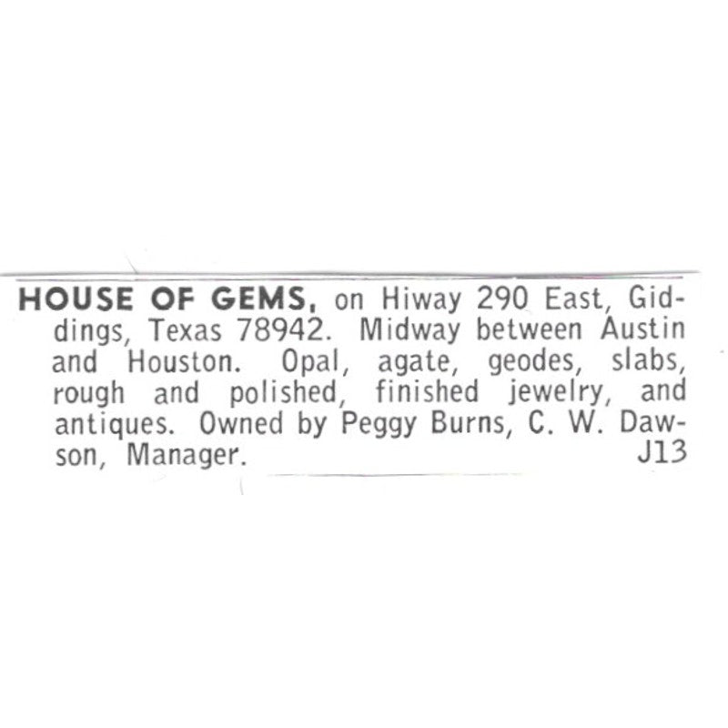 House of Gems Peggy Burns C.W. Dawson Giddings Texas 1972 Ad AF8-S14