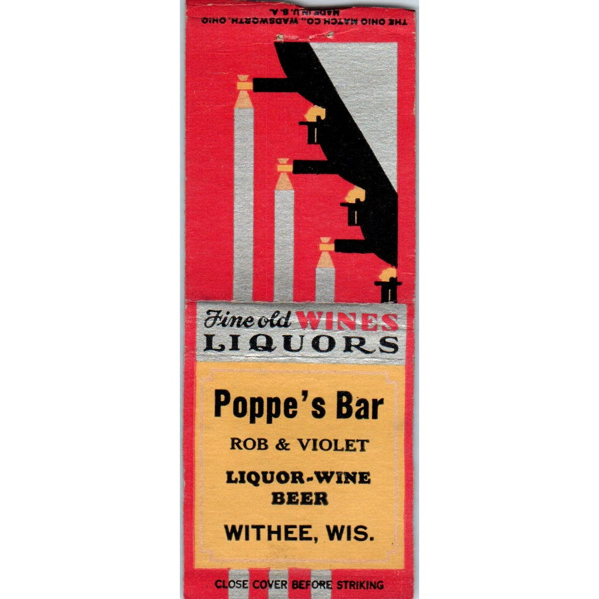 Poppe's Bar Rob & Violet Withee Wisconsin Vintage Matchbook Cover SF4-Y4