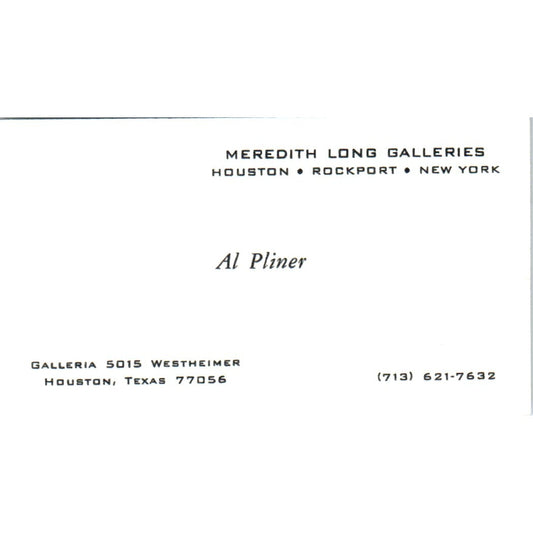 Al Pliner Meredith Long Galleries Houston TX Vintage Business Card SD4-B4