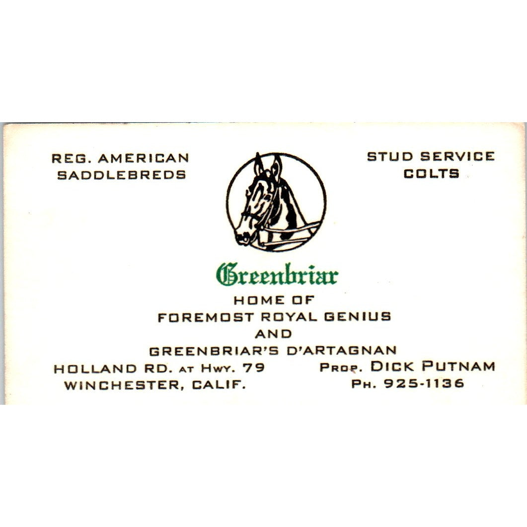 Greenbriar Studs Colts Dick Putnam Winchester CA Vintage Business Card SD8-B15