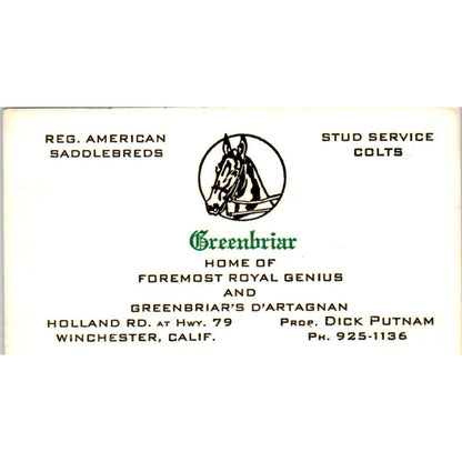 Greenbriar Studs Colts Dick Putnam Winchester CA Vintage Business Card SD8-B15