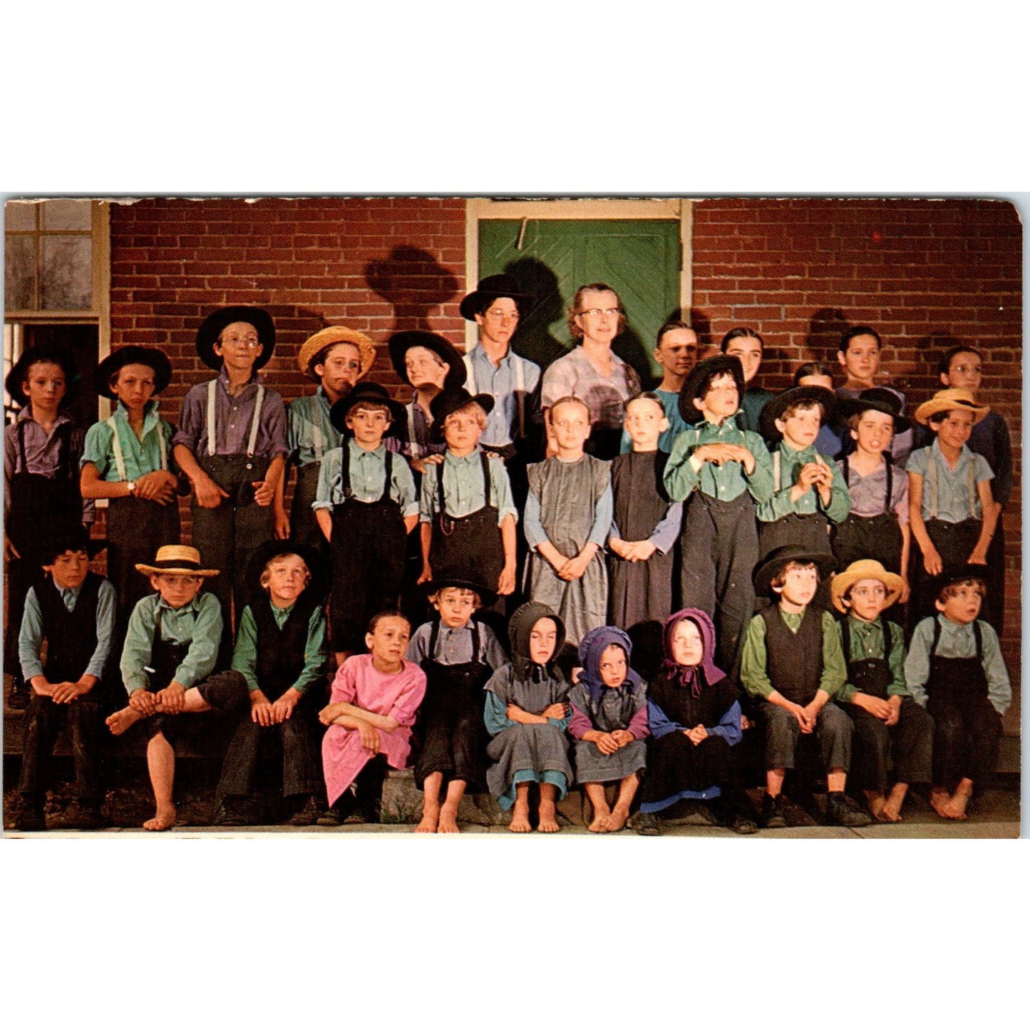 Amish Children & Teacher Little Red Schoolhouse PA Dutch Vintage Postcard PD4