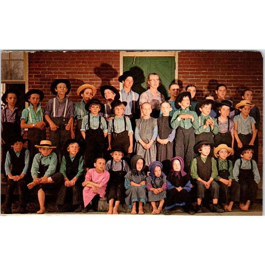 Amish Children & Teacher Little Red Schoolhouse PA Dutch Vintage Postcard PD4