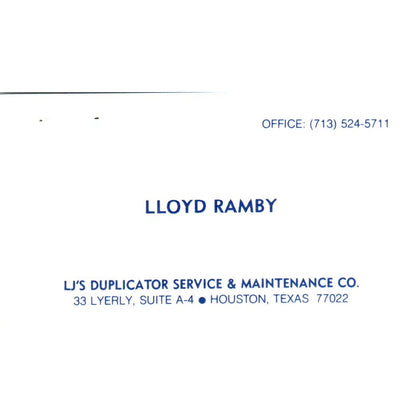 Lloyd Ramby LJ's Duplicator Service & Maintenance Houston Business Card SE3-B3