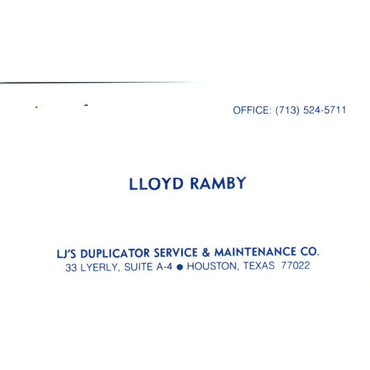Lloyd Ramby LJ's Duplicator Service & Maintenance Houston Business Card SE3-B3