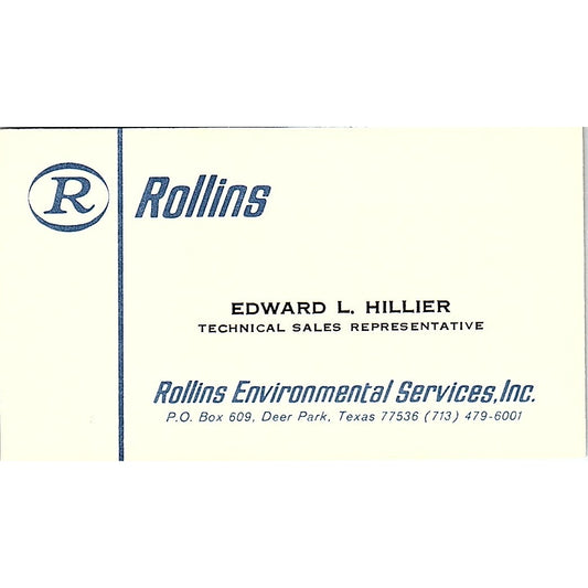 Rollins Environmental Services Edward Hiller Deer Park TX Business Card SF3-B5
