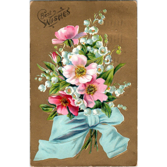 1909 Best Wishes Germany Dresden Gilt Bouquet Embossed Antique Postcard PD8
