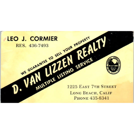 Leo J. Cormier D. Van Lizzen Realty Long Beach CA Vintage Business Card SD4-B5
