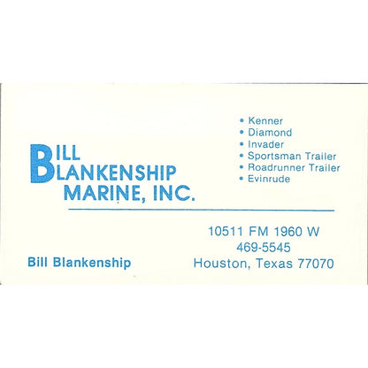 Bill Blankenship Marine Inc Houston Vintage Business Card SC9-B5