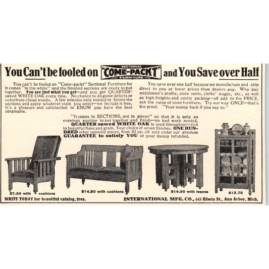 Come-Packt Furniture International Mfg Co Ann Arbor 1908 Victorian Ad AB8-MA10