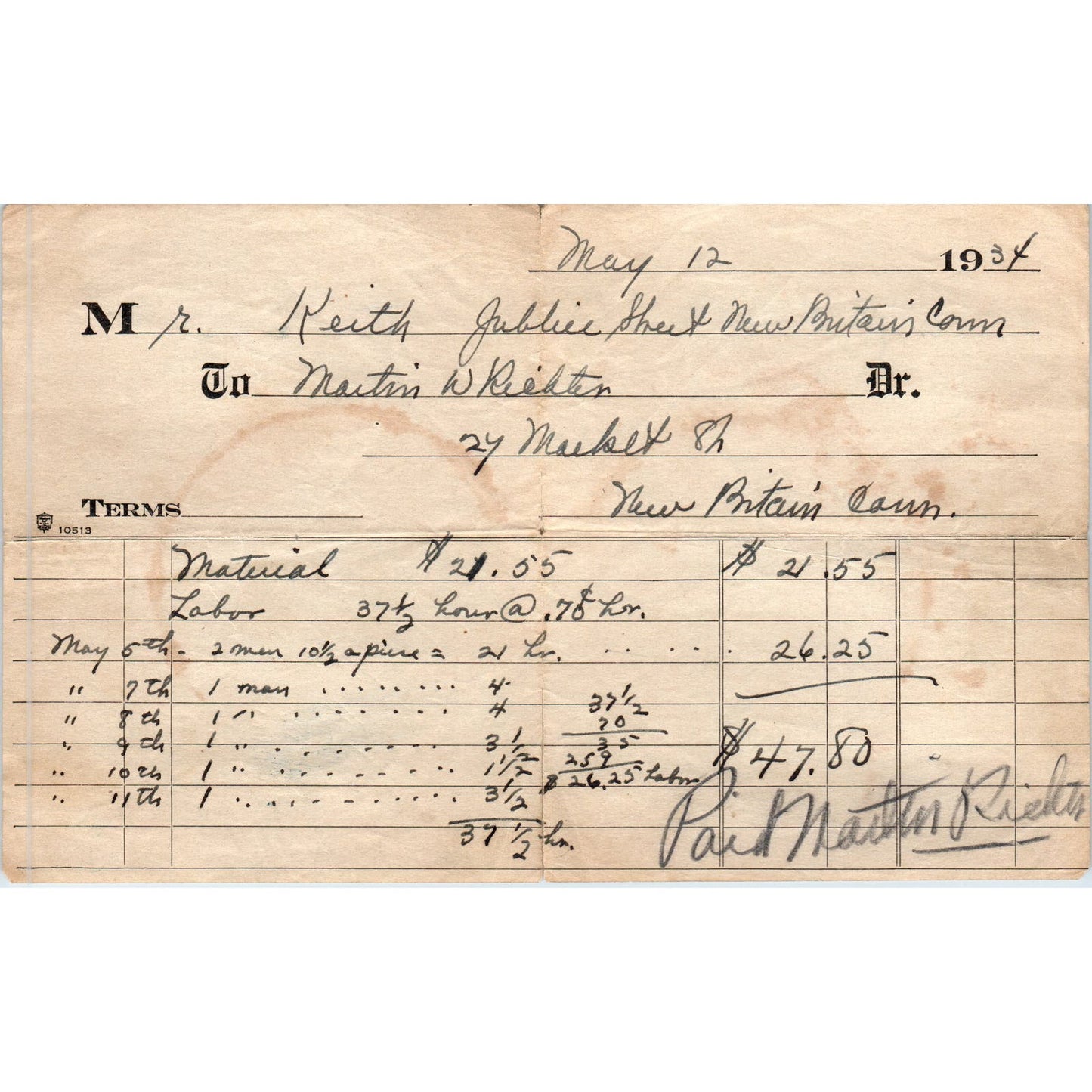 1934 Handwritten Receipt Fred Keith Jubilee New Britain CT AE7