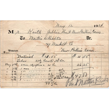 1934 Handwritten Receipt Fred Keith Jubilee New Britain CT AE7