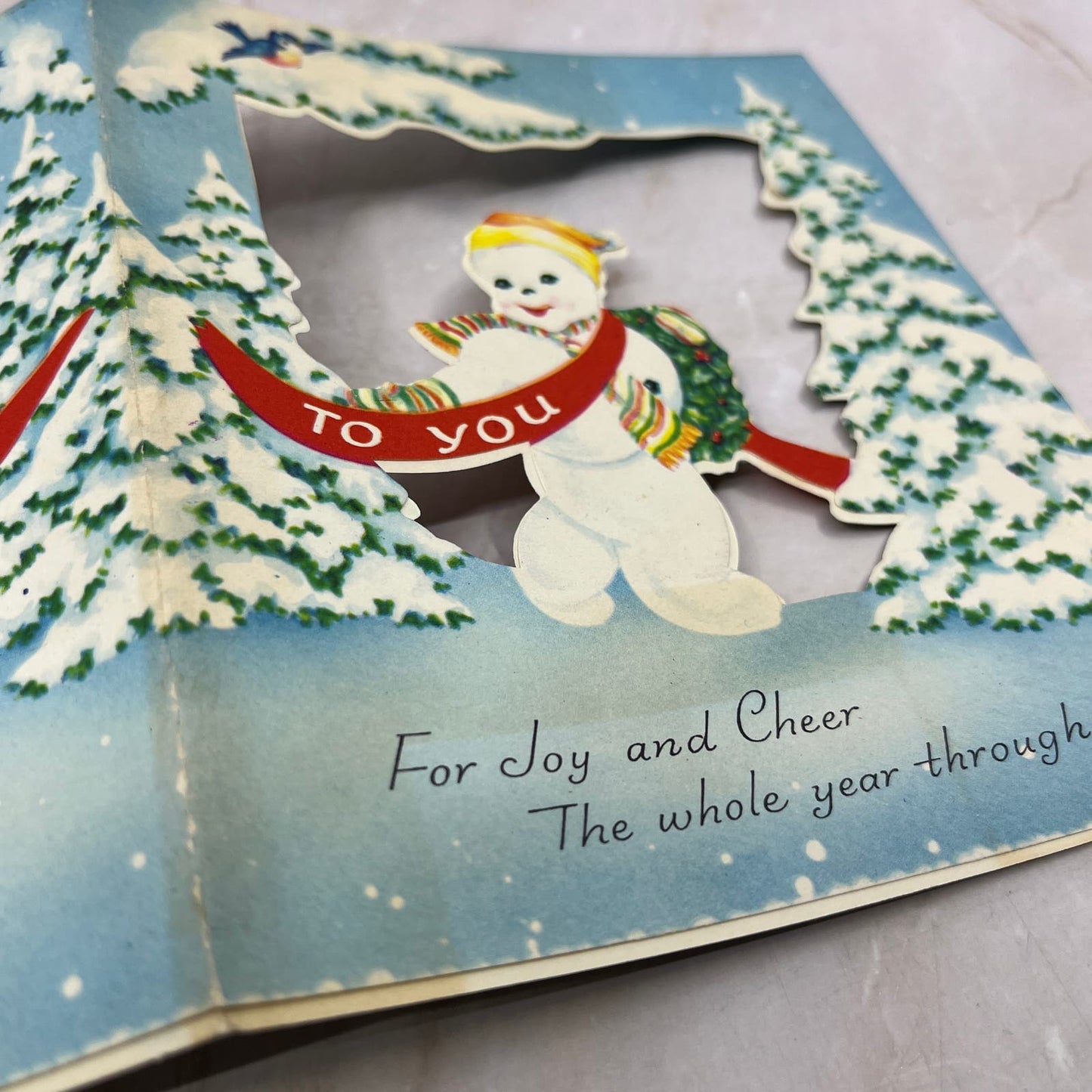 1952 Christmas Greeting Card Die Cut Snowman Tri-Fold Double Sided AE3