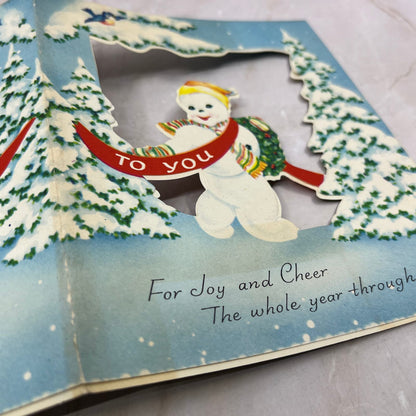1952 Christmas Greeting Card Die Cut Snowman Tri-Fold Double Sided AE3