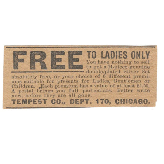 Free Silverware Ladies Only Tempest Co Chicago IL 1906 Original Ad AK6-S11
