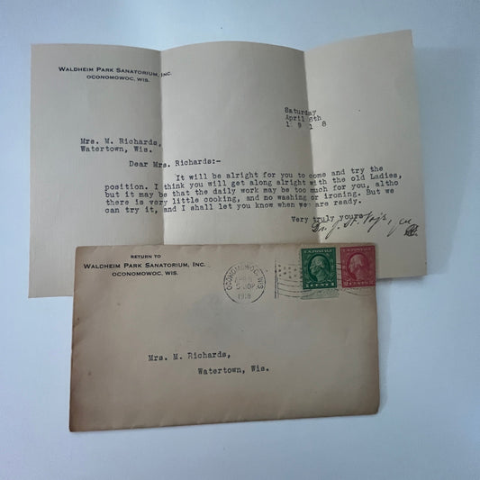 1918 Waldheim Park Sanatorium Letter and Envelope Oconomowoc WI AI9-H5