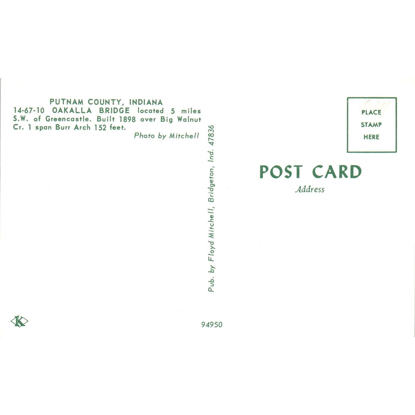 Okalla Bridge 14-67-10 Putnam County IN Vintage Covered Bridge Postcard PD1