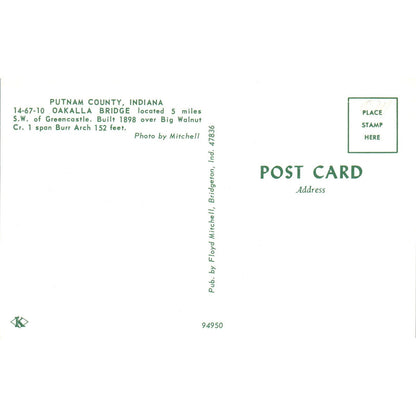 Okalla Bridge 14-67-10 Putnam County IN Vintage Covered Bridge Postcard PD1