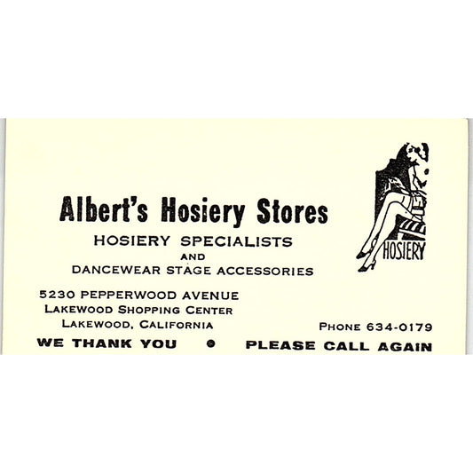 Albert's Hosiery Stores Lakewood CA Vintage Business Card SB4-B7