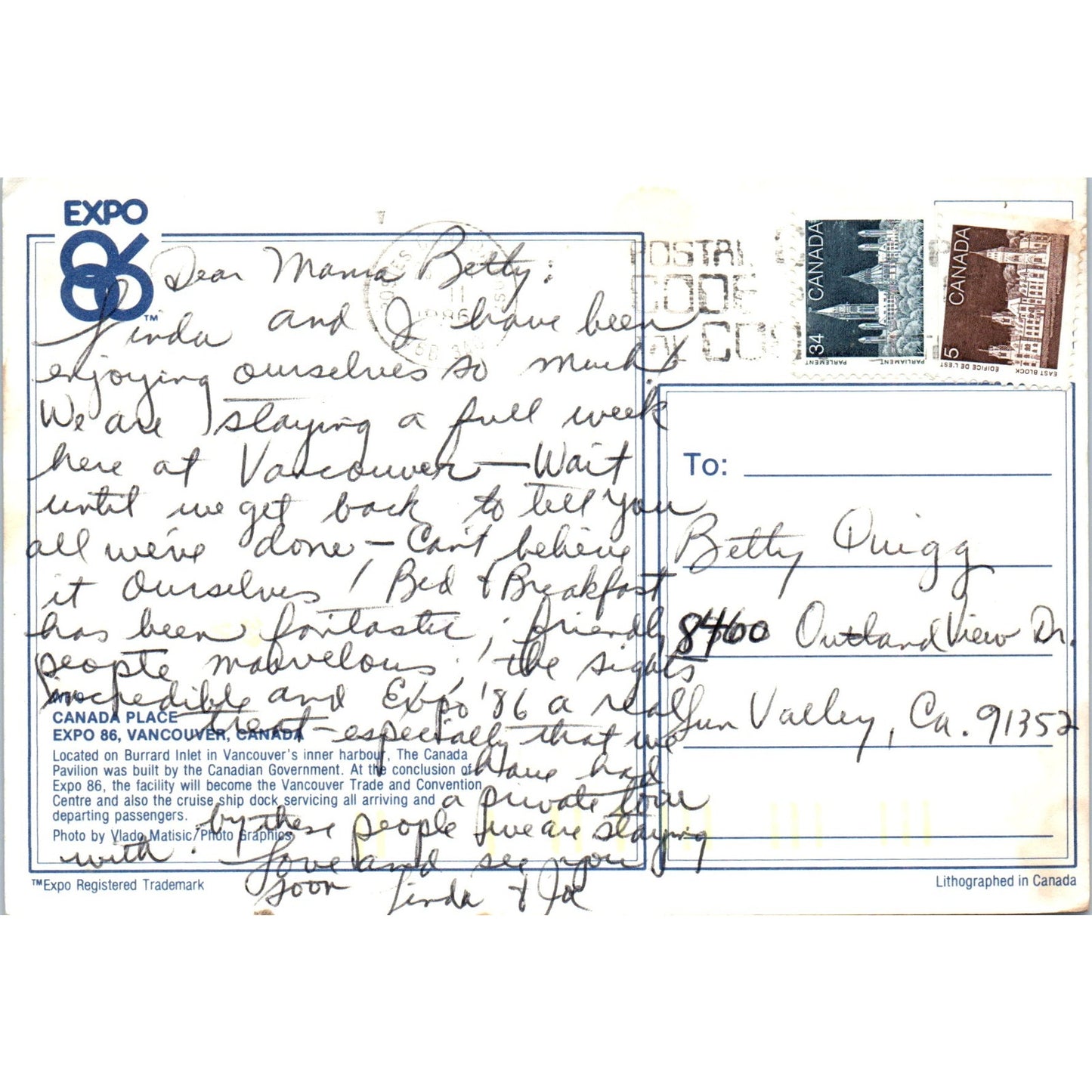 Expo 86 Vancouver Canada 4x6 Original Postcard PD1