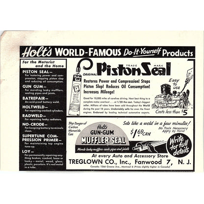 Holt's Do-it-Yourself Products Gun-Gum Muffler Seal Treglown Co NJ 1955 Ad AG1-5