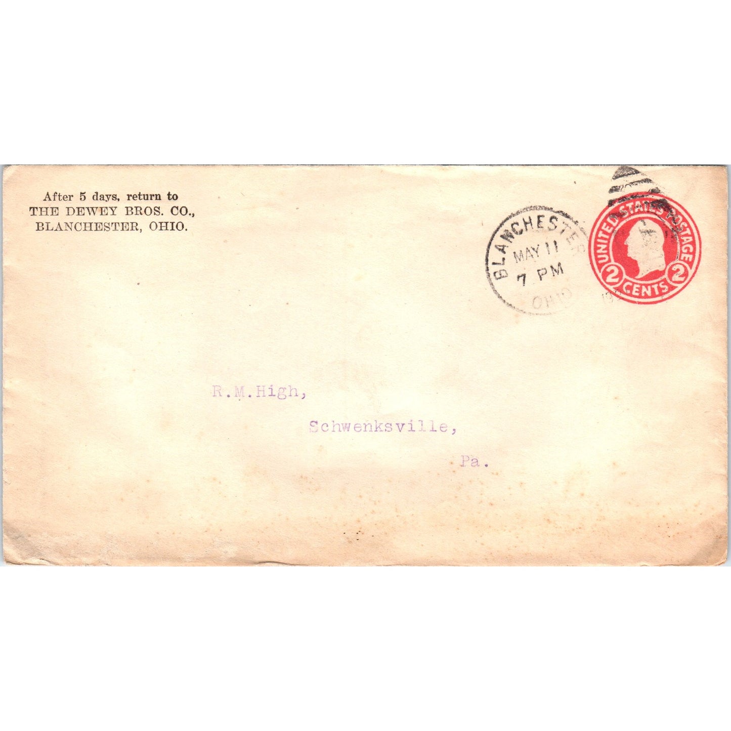 1921 The Dewey Bros Co Blanchester OH to Schwenksville Postal Cover TG7-PC3